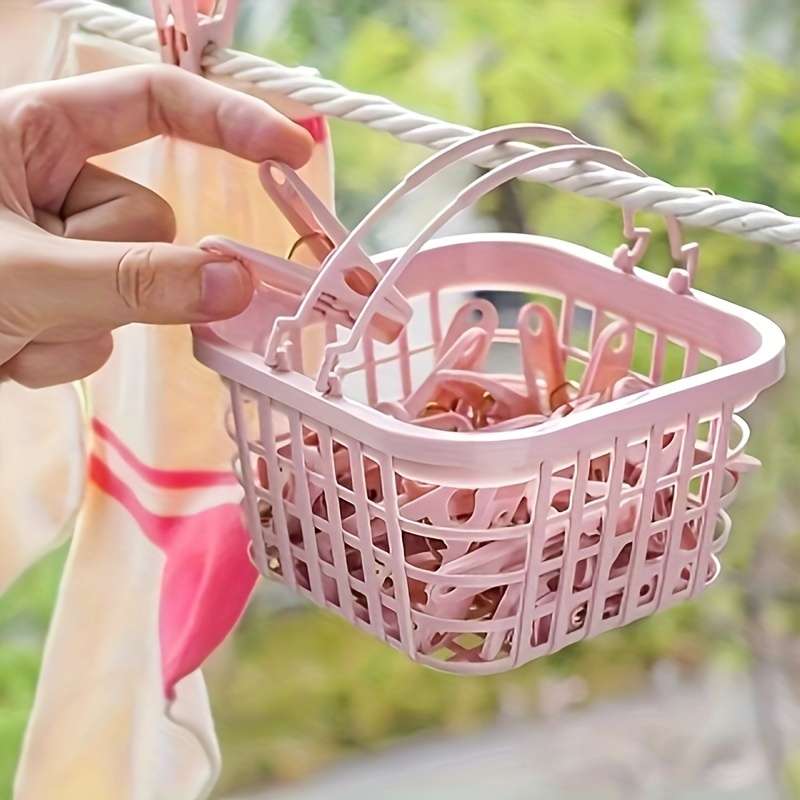 30-Pack Plastic Clothes Pins With Storage Basket