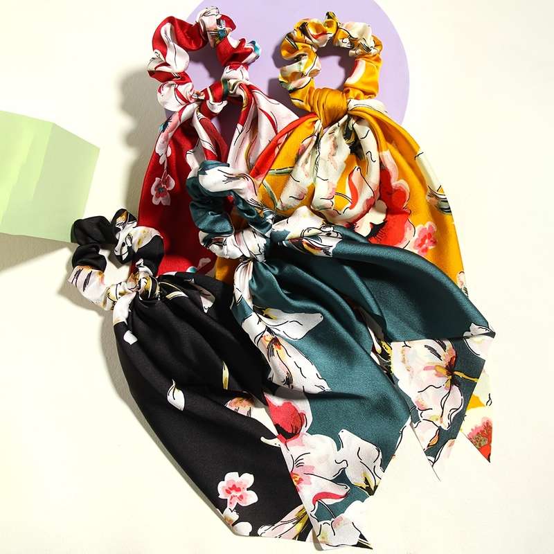 4pcs Elegant Floral Print Scarf Hair Tie