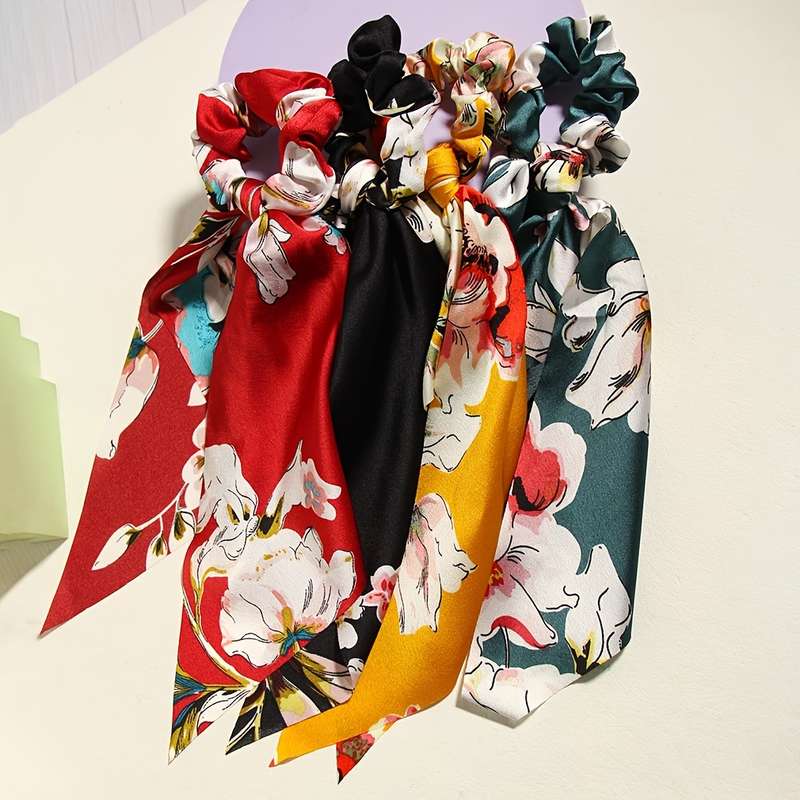 4pcs Elegant Floral Print Scarf Hair Tie