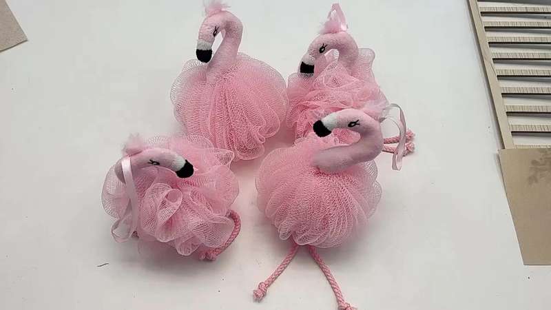 Flamingo-Shaped Exfoliating Loofah Puffs, Soft Spa Shower Bath Scrubber Sponges