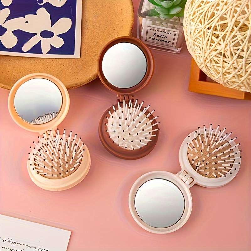 1pc Travelmate Portable Folding Hair Brush With Mirror