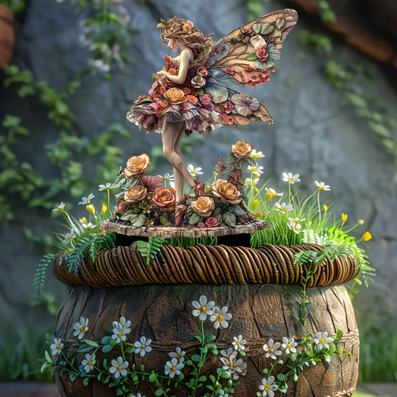 Bohemian Style Acrylic Fairy Statue With Butterfly Wings And Floral Accents