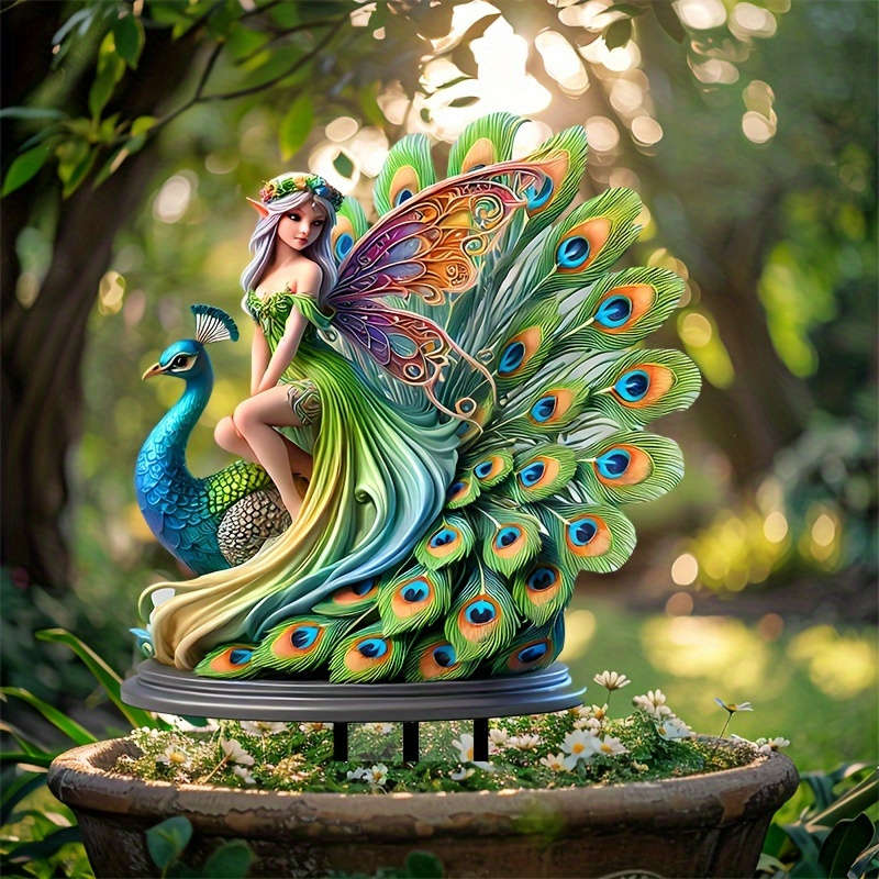 Peacock Fairy Acrylic Garden Stake, Weatherproof Outdoor Decor For Pots