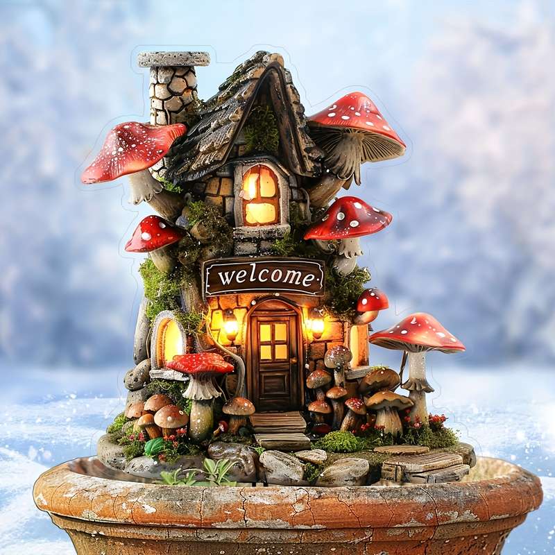 Vibrant Mushroom House Acrylic Garden Stake