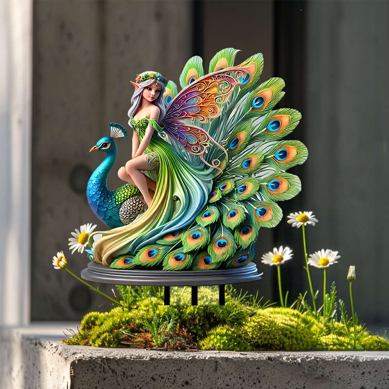 Peacock Fairy Acrylic Garden Stake, Weatherproof Outdoor Decor For Pots