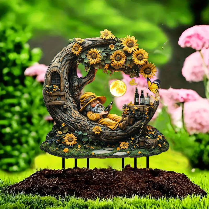 Enchanted Garden Sunshine Catcher - Waterproof Acrylic Dwarf & Sunflower Stake