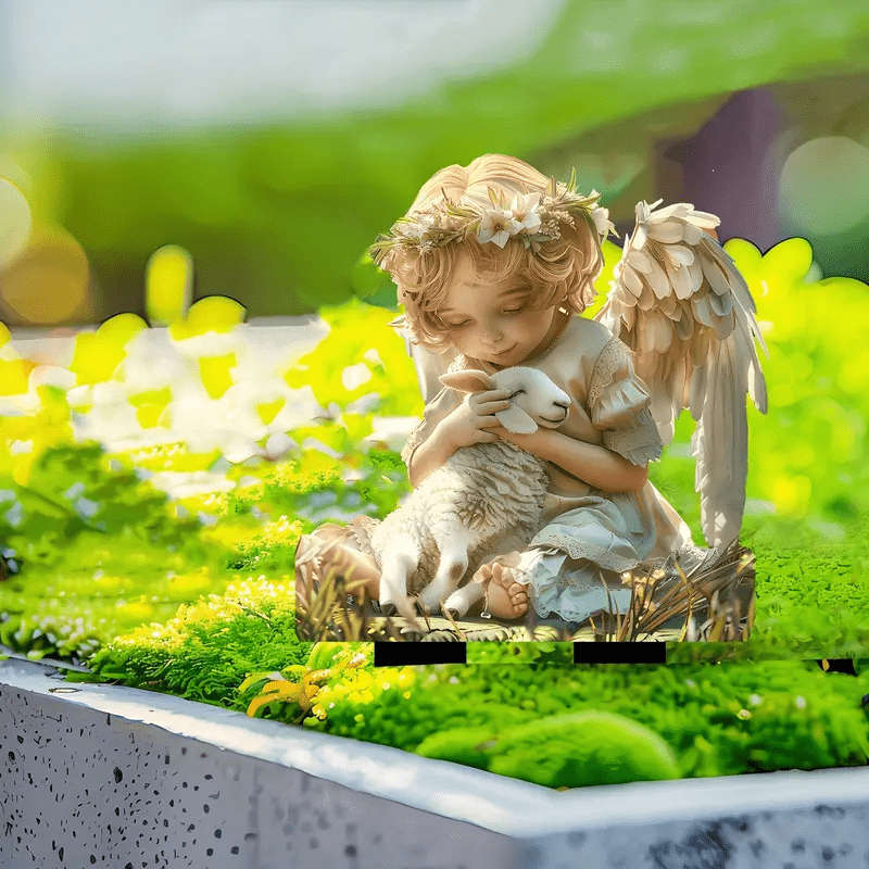 Angel Embracing Lamb Garden Stake Decoration