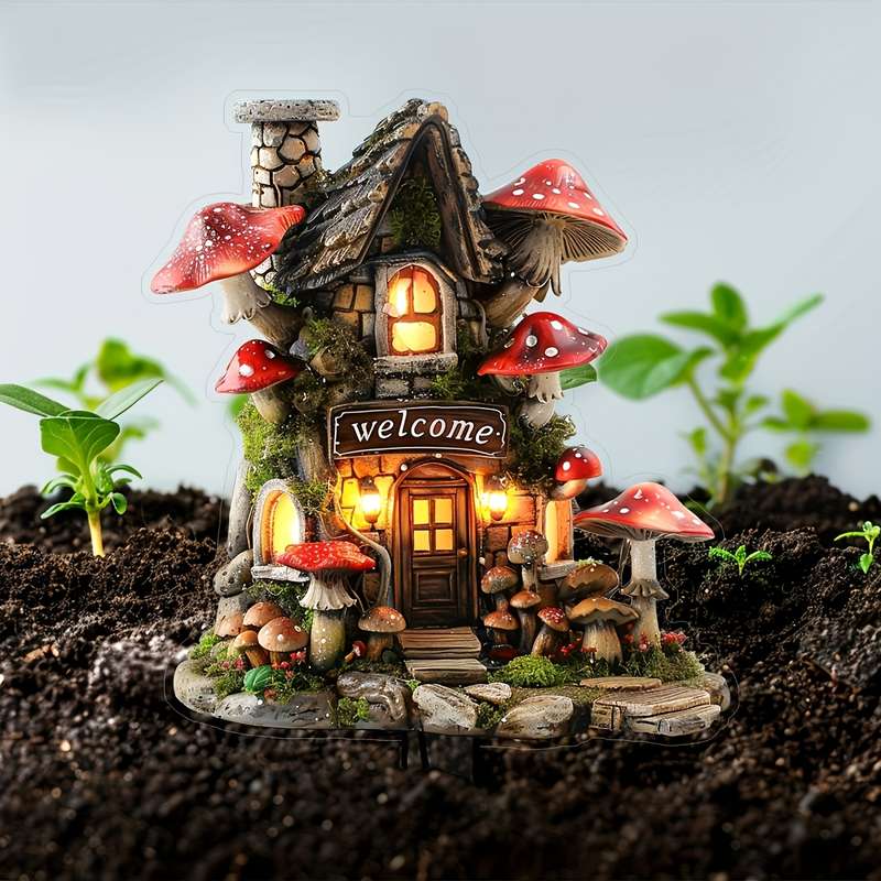Vibrant Mushroom House Acrylic Garden Stake