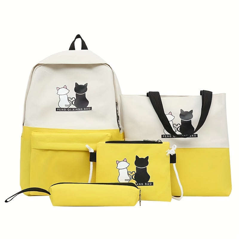 Durable Kitten Print Backpack Set With Matching Tot