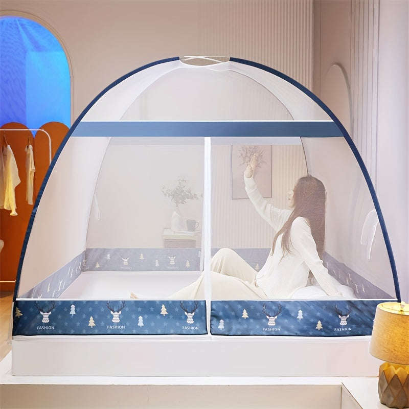 Convenient 1-Piece Pop-Up Cartoon Yurt Bed Cover - 360° All-Round Mosquito Net