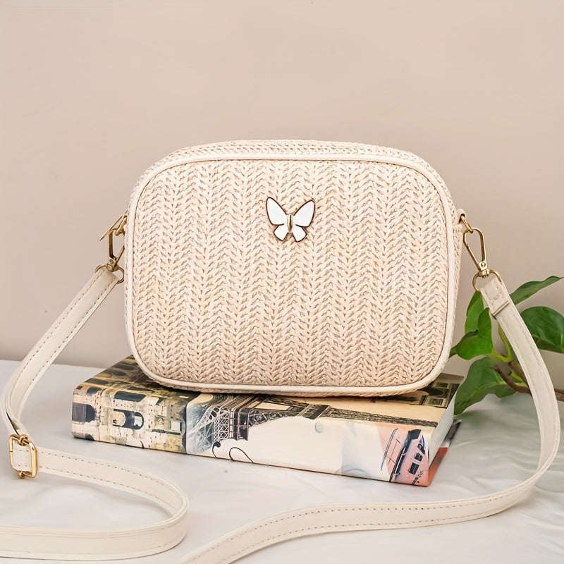 Stylish Small Butterfly Embellished Straw Crossbody Bag