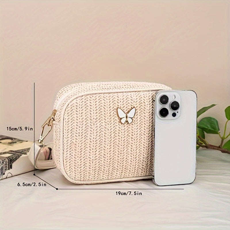 Stylish Small Butterfly Embellished Straw Crossbody Bag