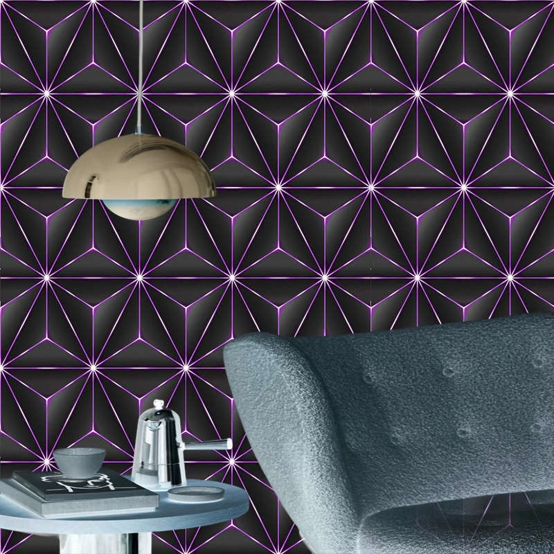 Pvc Tri-Proof Purple Geometric Wallpaper Roll - Easy Peel And Stick