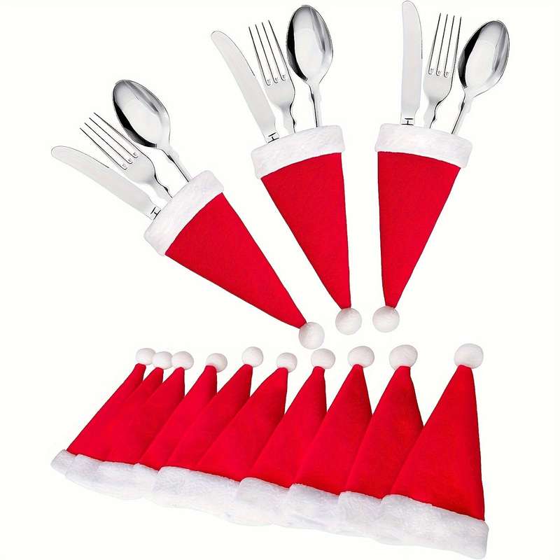 10-Piece Red Mini Santa Hat Cutlery Holder