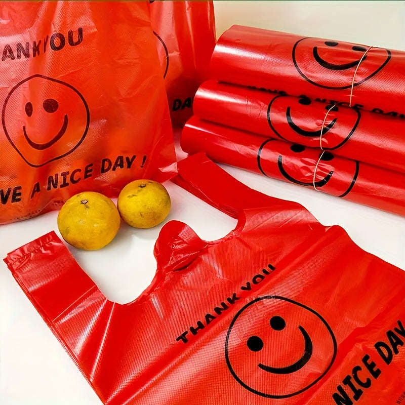 50 Red Plastic t-Shirt Bags With Smiley Thank You Design