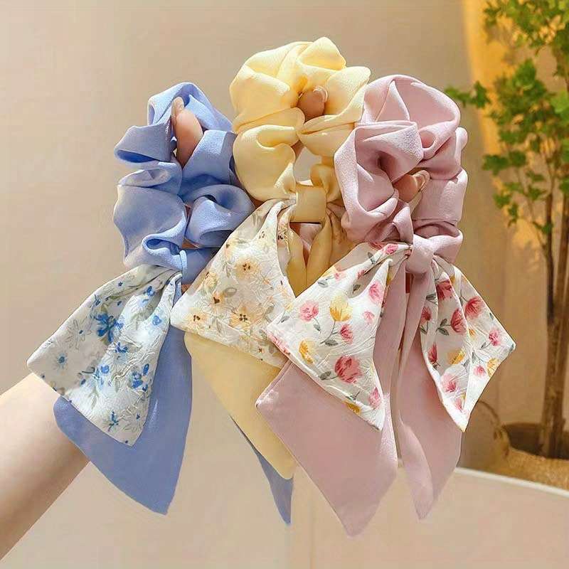 2pcs Chic Floral Bowknot Scrunchies with Long Ribbon Tails
