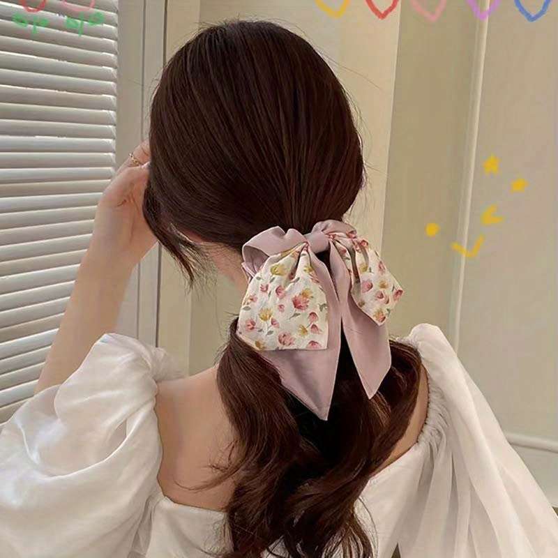 2pcs Chic Floral Bowknot Scrunchies with Long Ribbon Tails