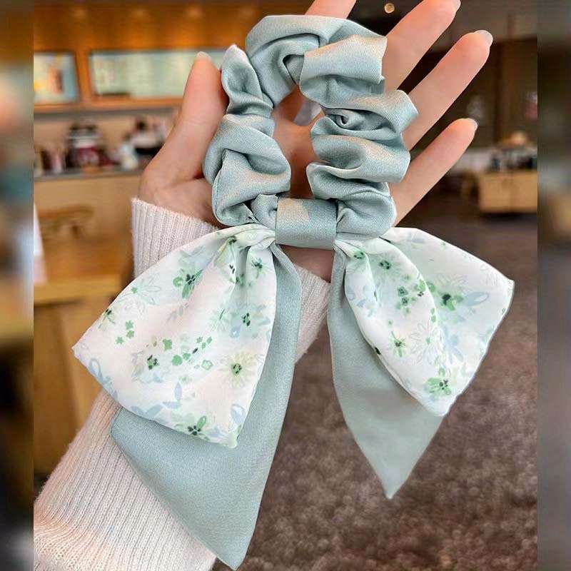 2pcs Chic Floral Bowknot Scrunchies with Long Ribbon Tails