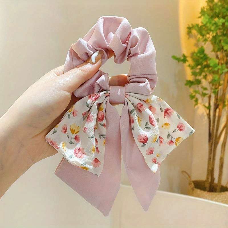 2pcs Chic Floral Bowknot Scrunchies with Long Ribbon Tails
