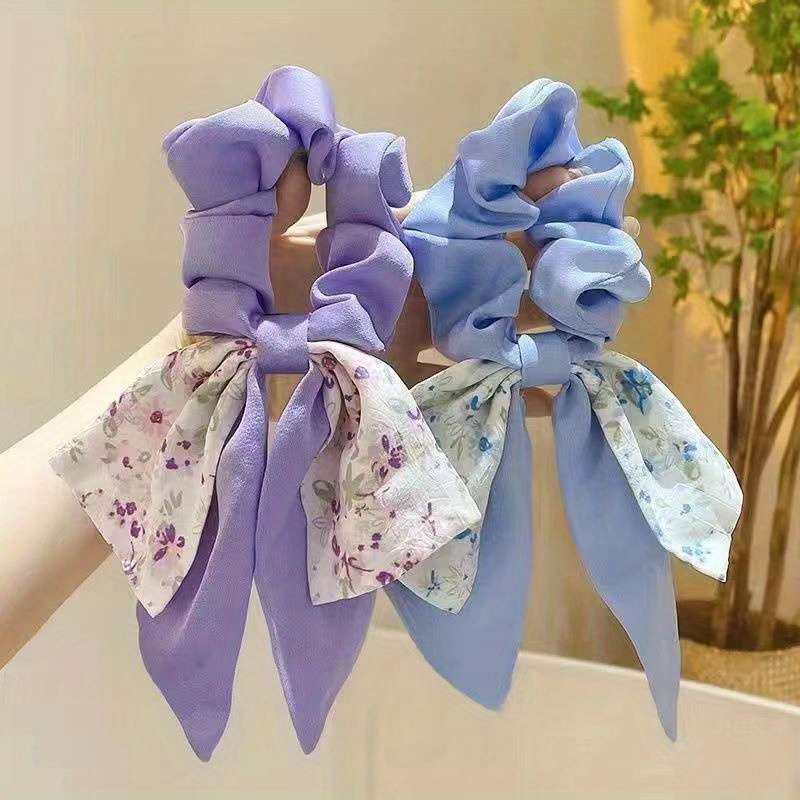 2pcs Chic Floral Bowknot Scrunchies with Long Ribbon Tails