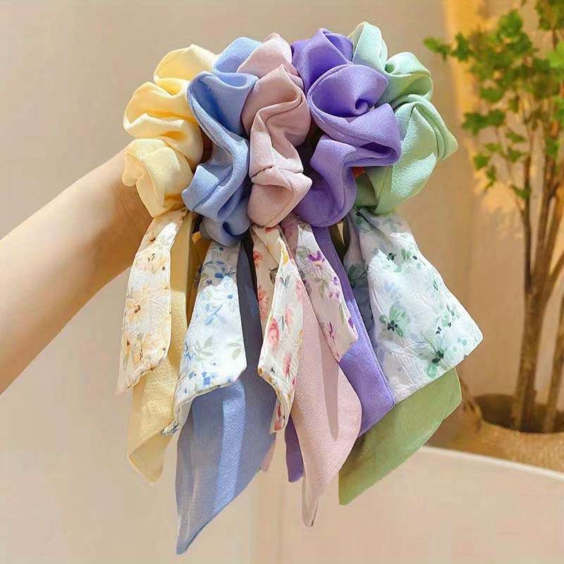 2pcs Chic Floral Bowknot Scrunchies with Long Ribbon Tails