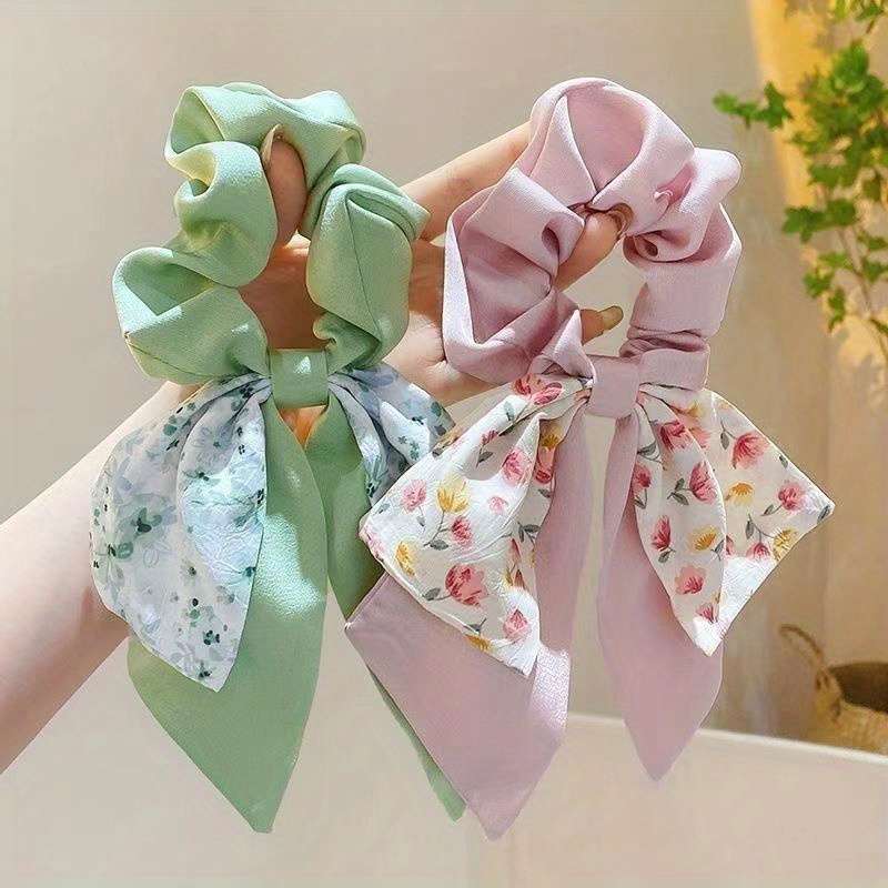2pcs Chic Floral Bowknot Scrunchies with Long Ribbon Tails