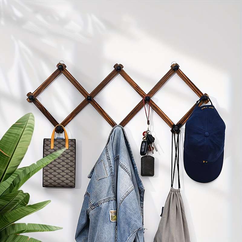 1pcs Folding Coat Rack Wooden Expandable Hanger with 10 Hooks