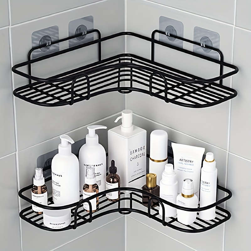 1pc No-Drill Black Metal Corner Shelf