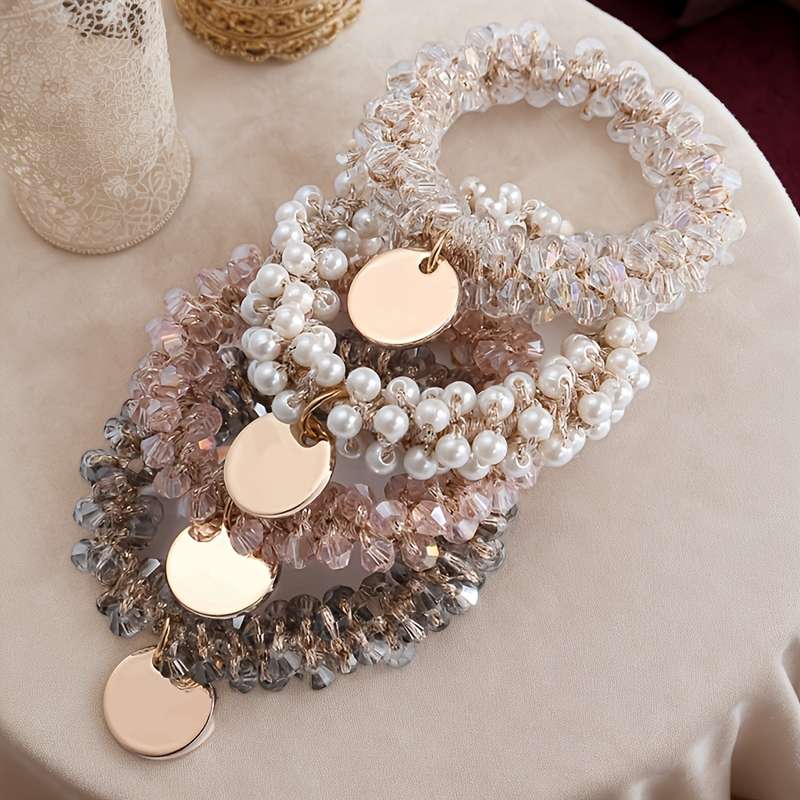 Elegant 4pcs Set of Faux Pearl And Crystal Hair Ties