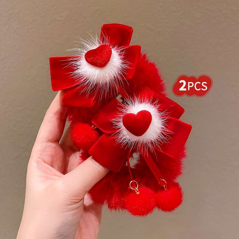 Cute Red Bow Plush Hair Ties