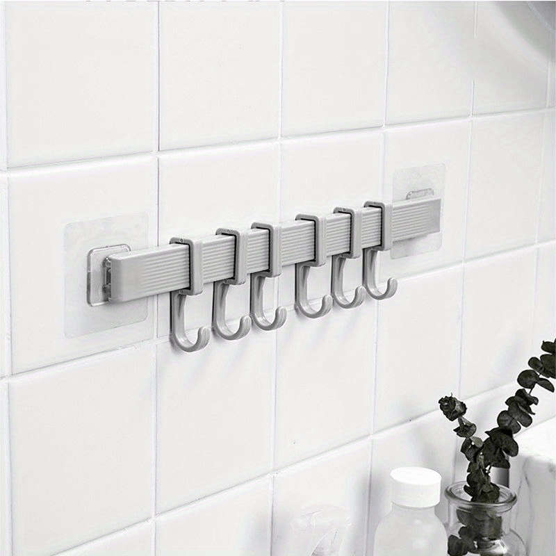 1 Set Adjustable Kitchen Storage Rack with 6 Wall Hooks