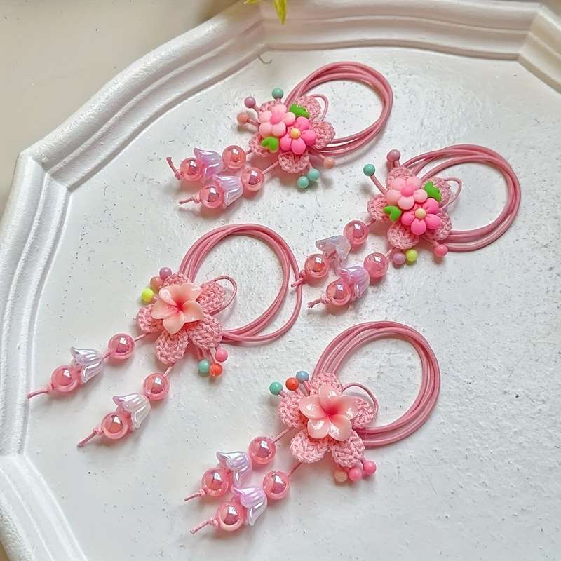 2PCS Cute Pink Tassel Hair Ties for Women