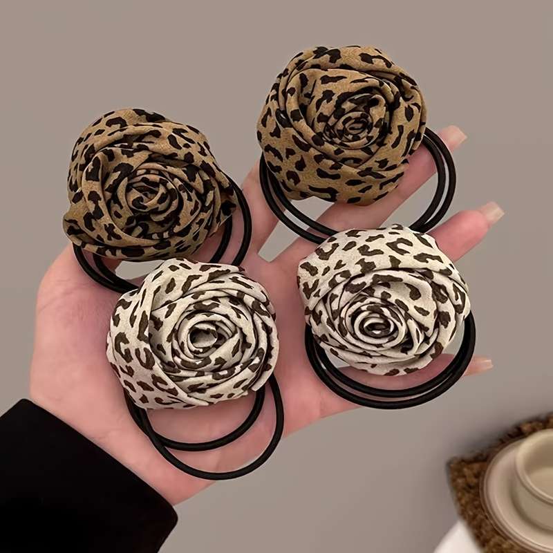 Leopard Print Rose Flower Hair Ties