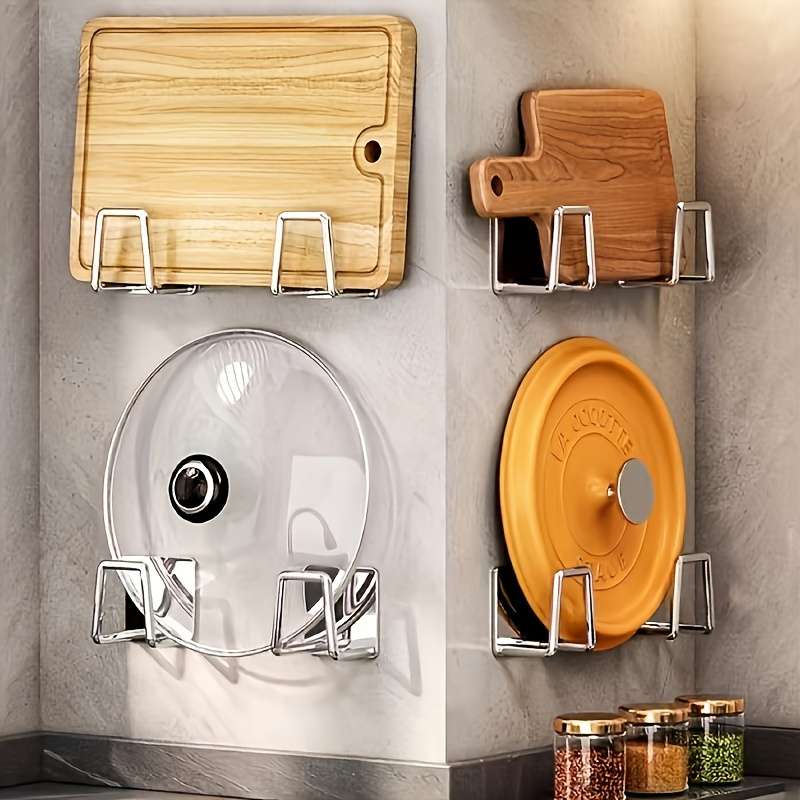 4pcs Wall-Mounted Stainless Steel Pot Lid Holder with Adhesive