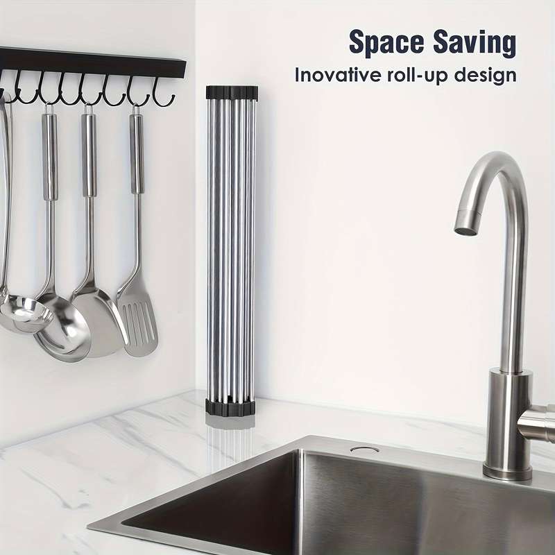 1pc Deluxe Stainless Steel Roll-Up Dish Drying Rack