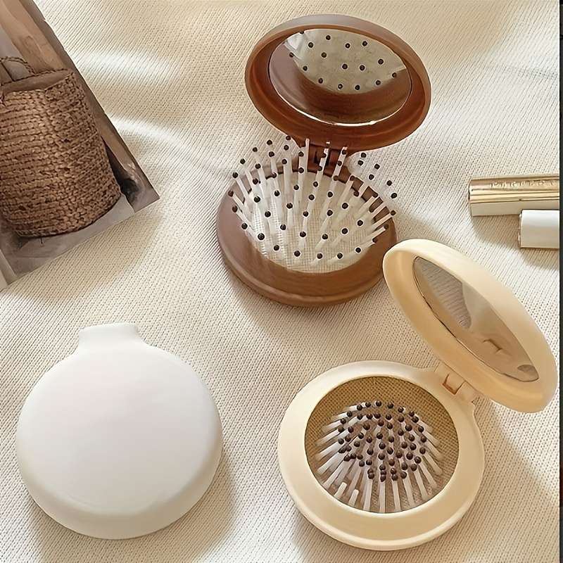 1pc Mini Portable Travel Hairbrush With Mirror