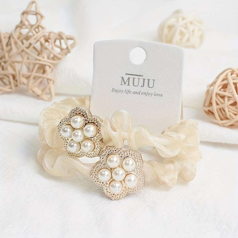 Elegant 2pcs Set Faux Pearl & Mesh Hair Ties