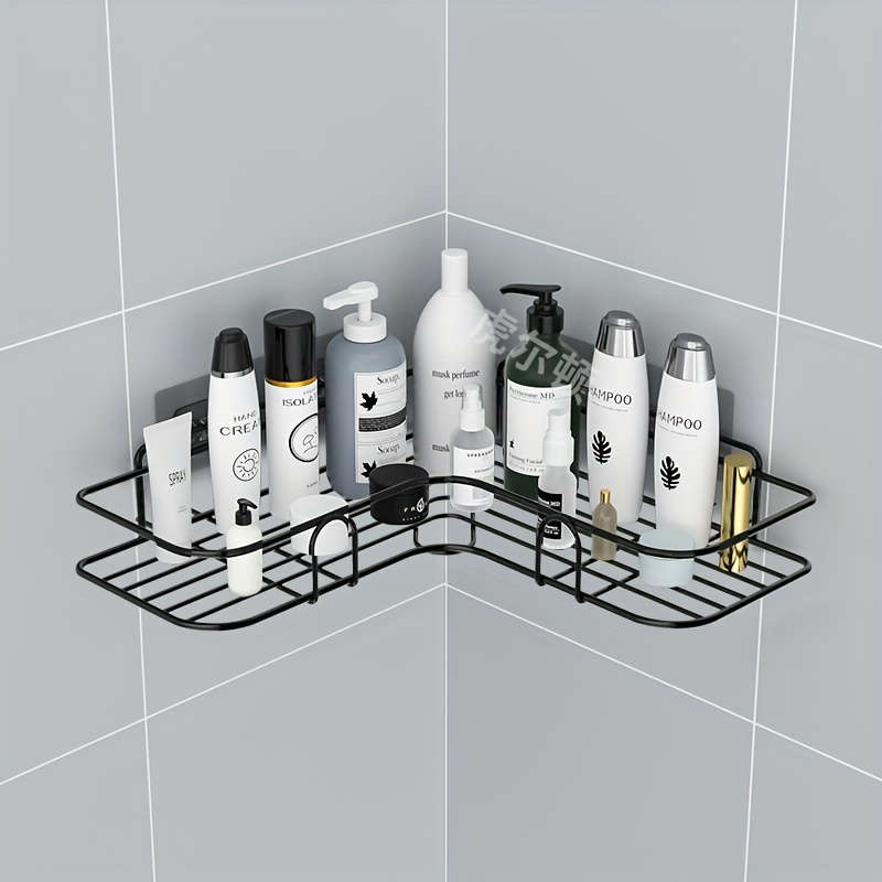 1pc No-Drill Black Metal Corner Shelf