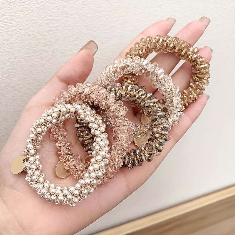 Elegant 4pcs Set of Faux Pearl And Crystal Hair Ties