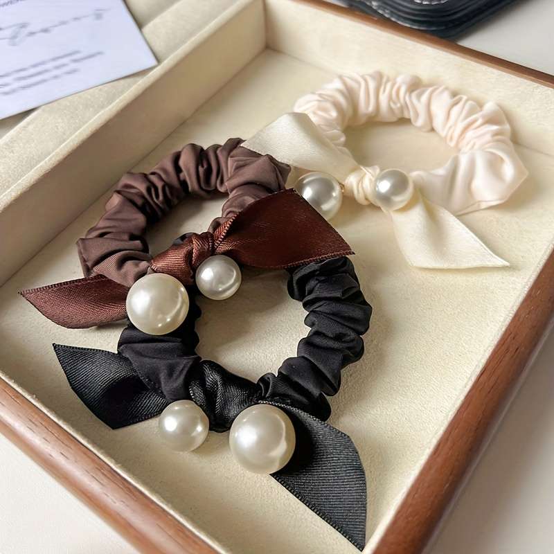 Elegant Pearl Bow Hair Tie Set
