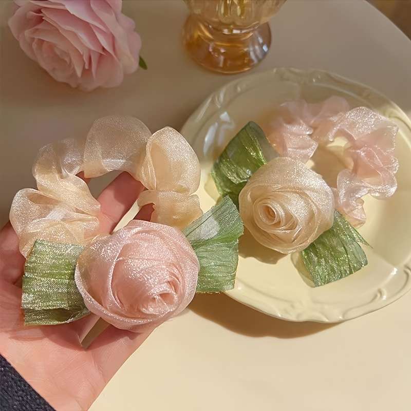 Elegant Mesh Rose Flower Hair Ties Set