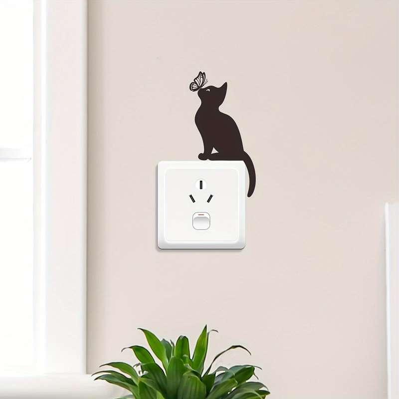 1pc Adorable Cat & Butterfly Vinyl Wall Sticker - Removable, Waterproof, Perfect for Light for Switc