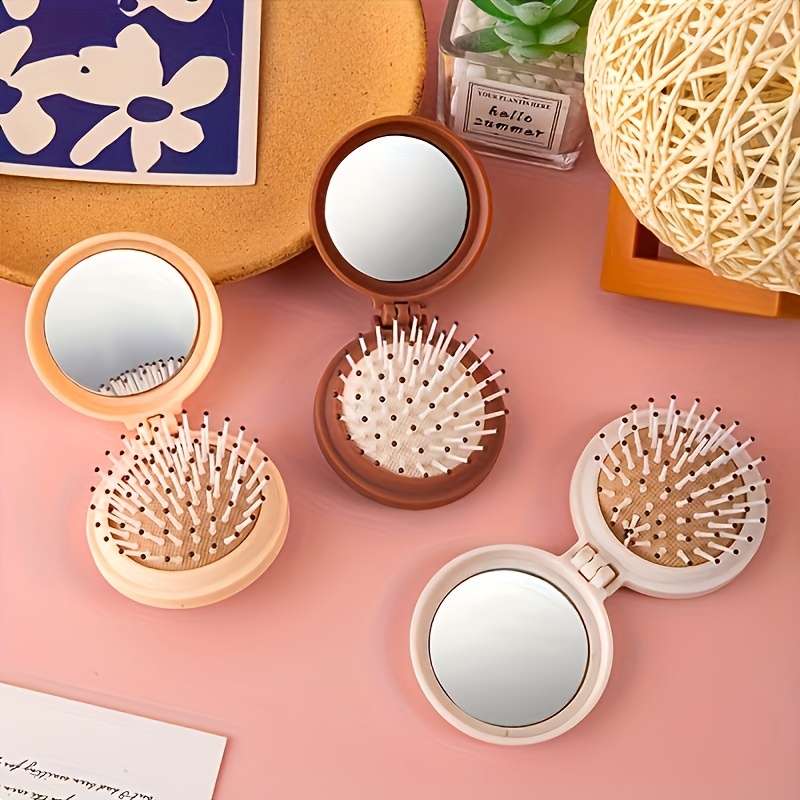 1pc Mini Portable Travel Hairbrush With Mirror