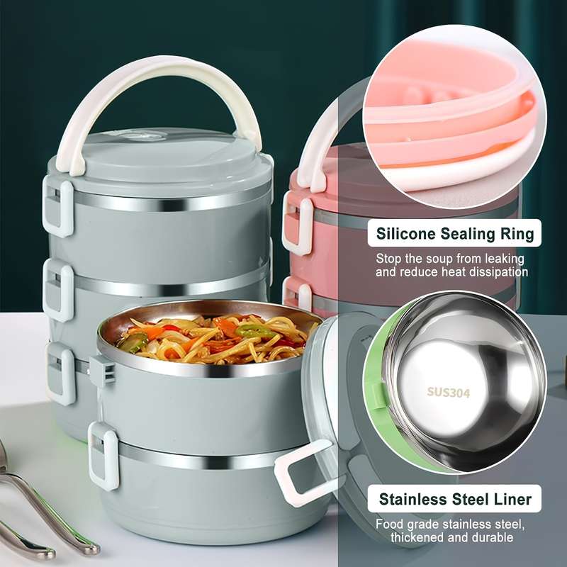 1pc Stackable Stainless Steel Bento Lunch Box with Leak-Proof Silicone Sealing Ring