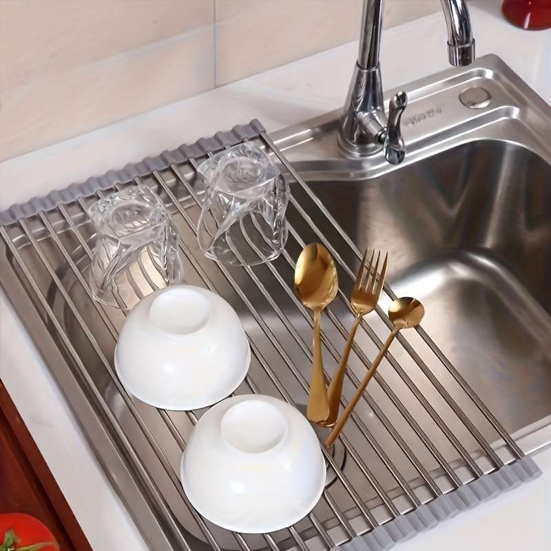 1pc Deluxe Stainless Steel Roll-Up Dish Drying Rack