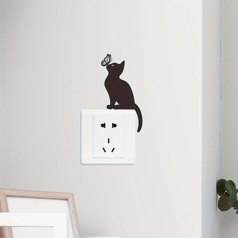 1pc Adorable Cat & Butterfly Vinyl Wall Sticker - Removable, Waterproof, Perfect for Light for Switc