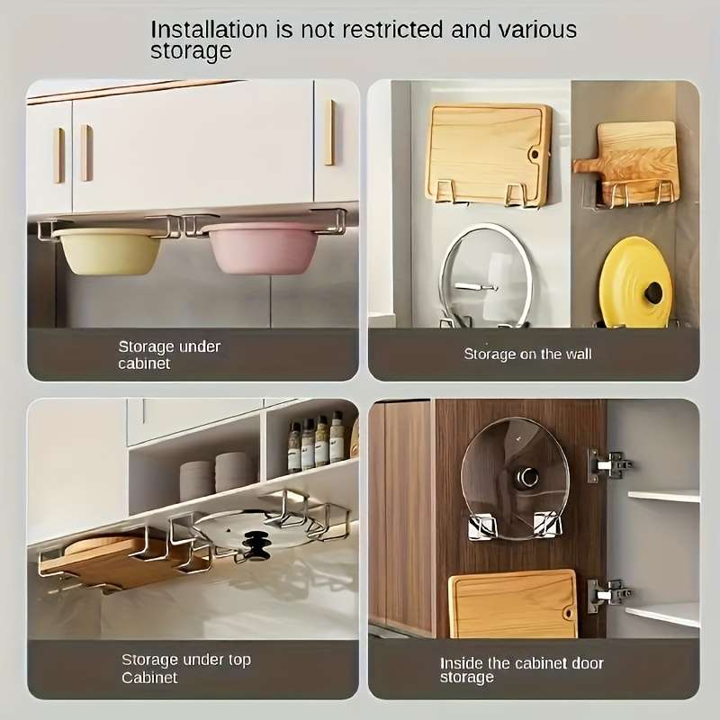 4pcs Wall-Mounted Stainless Steel Pot Lid Holder with Adhesive