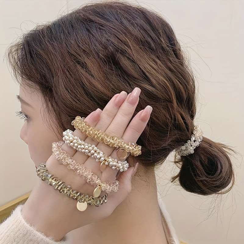 Elegant 4pcs Set of Faux Pearl And Crystal Hair Ties