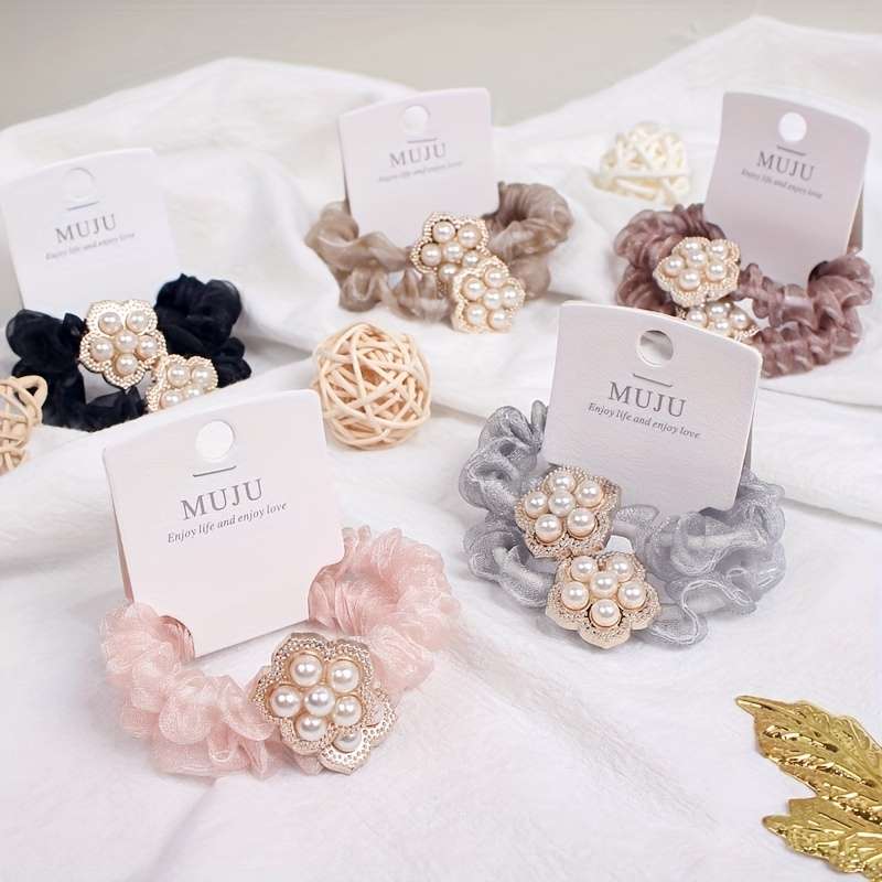 Elegant 2pcs Set Faux Pearl & Mesh Hair Ties