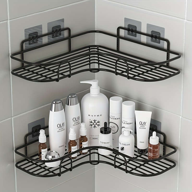 1pc No-Drill Black Metal Corner Shelf